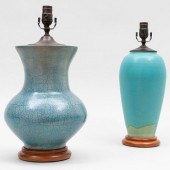 TWO BLUE GLAZED VASES MOUNTED