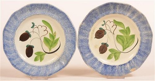 TWO BLUE SPATTER CHINA ACORN