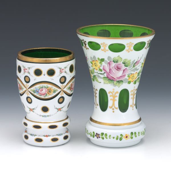 TWO BOHEMIAN EMERALD GREEN GLASS
