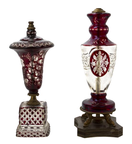 Two Bohemian Red Cut to Clear Glass