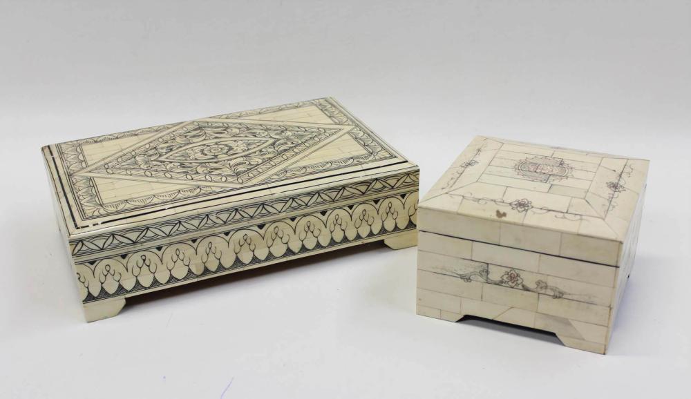 TWO BONE-TILED WOOD BOXES BOTH WITH
