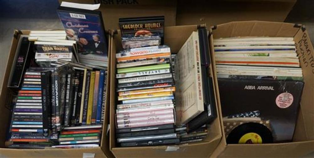 TWO BOXES OF DVDS AND CDS AND BOX