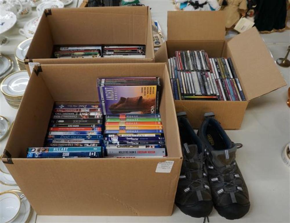 TWO BOXES OF DVDS, BOX OF CDS AND A