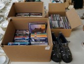 TWO BOXES OF DVDS, BOX OF CDS