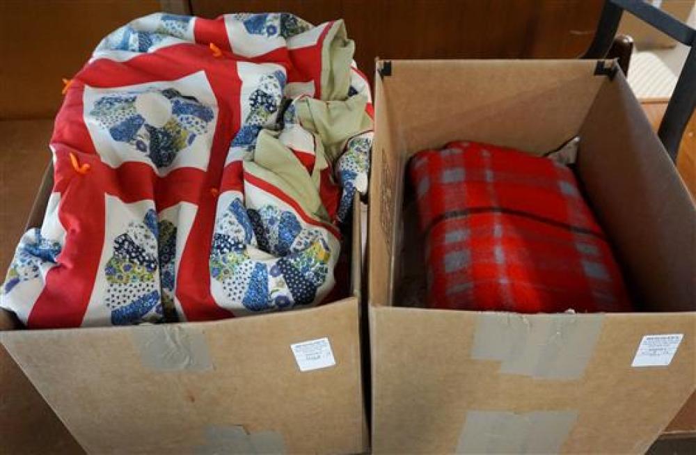TWO BOXES OF PATCH QUILTS AND