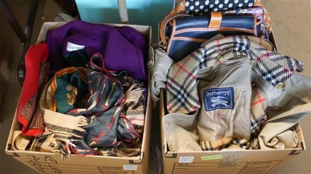 TWO BOXES WITH JACKETS, SCARVES AND