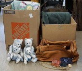 TWO BOXES WITH QUILTS, A LEATH