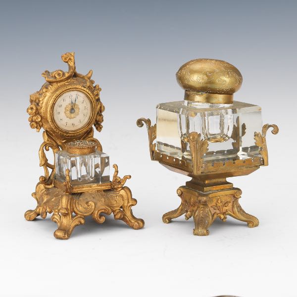 TWO BRASS AND GLASS INKWELLS  One