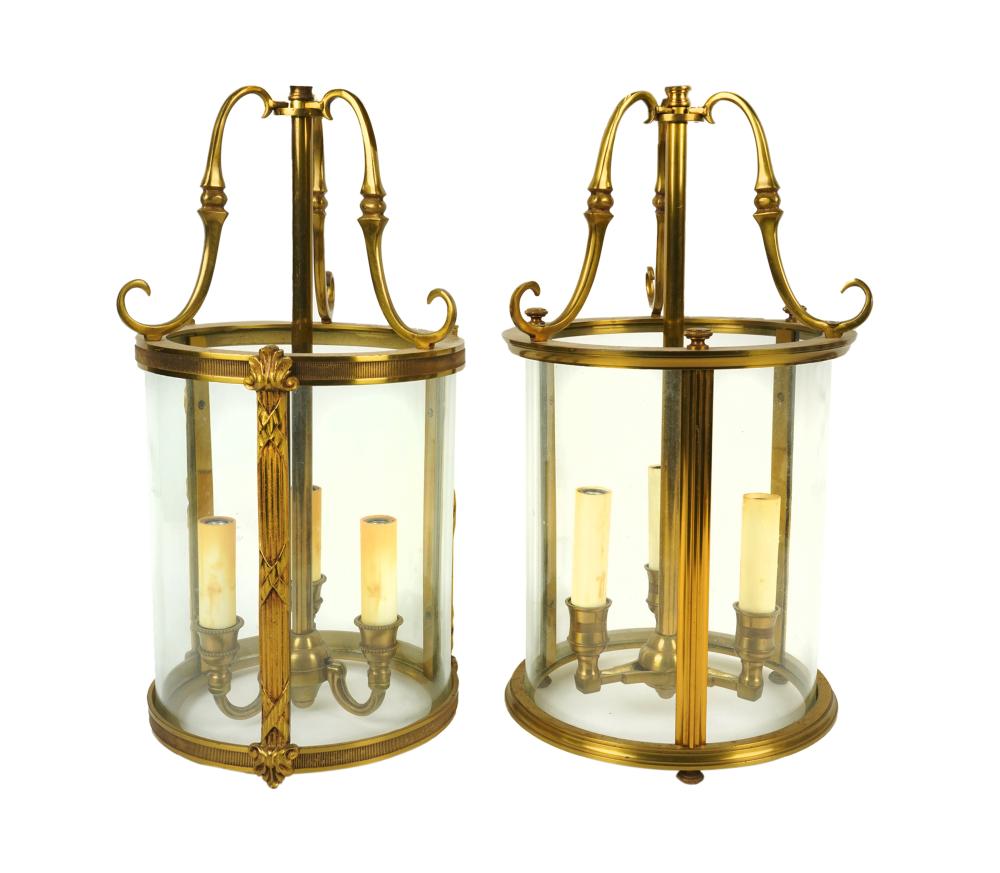 TWO BRASS AND GLASS LANTERN CEILING