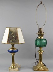 TWO BRASS AND GLASS TABLE LAMP