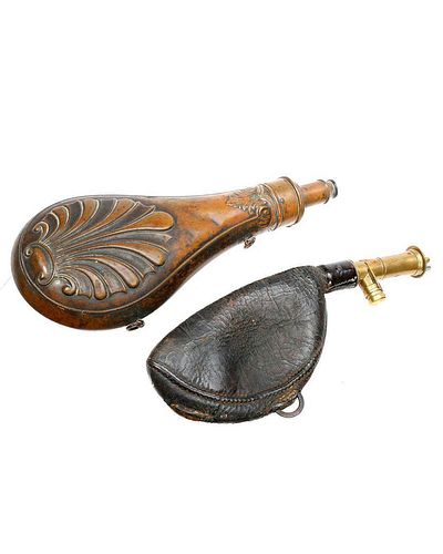 TWO BRASS AND LEATHER POWDER