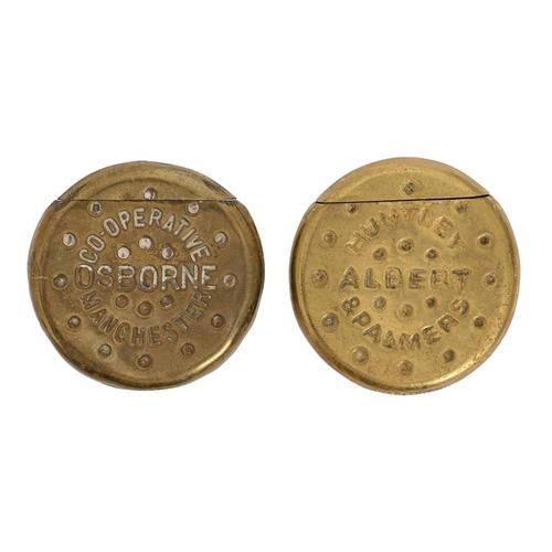 Two brass biscuit novelty vesta