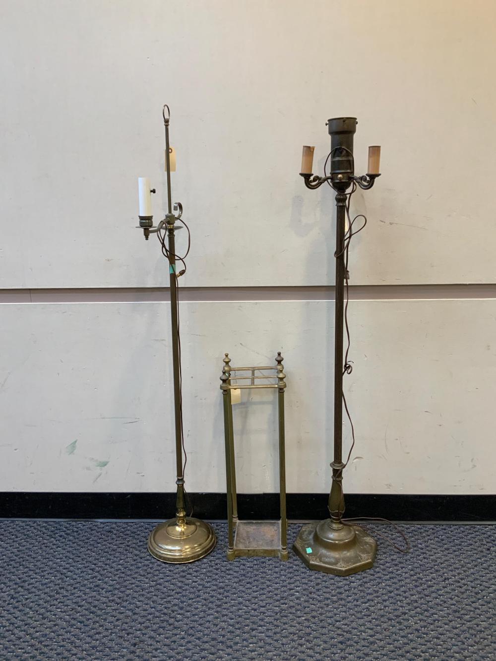 TWO BRASS FLOOR LAMPS AND CANE