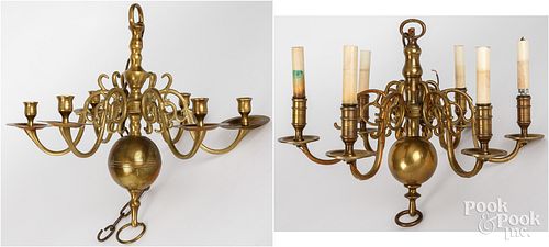 TWO BRASS HANGING CHANDELIERS, 20TH