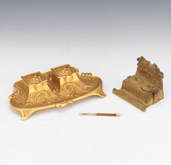 TWO BRASS INKWELLS WITH ONE PEN 