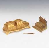 TWO BRASS INKWELLS WITH ONE PE