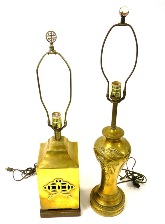 Two brass lamps  one with Art