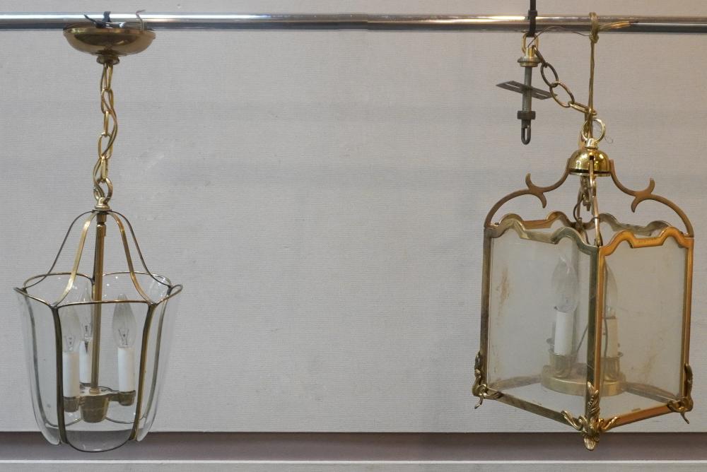 TWO BRASS-TONE AND GLASS HANGING