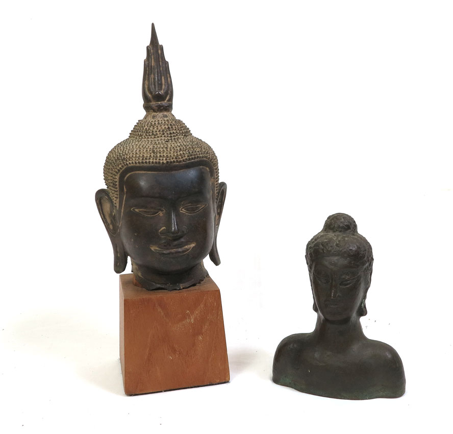 TWO BRONZE HEADS OF BUDDHA: 1)