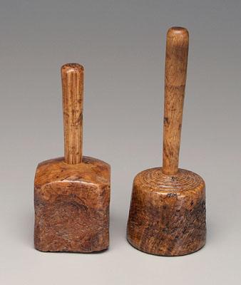 Two burlwood mallets: each with