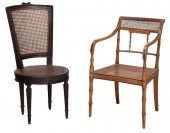 TWO CANED PAINT DECORATED UPHO