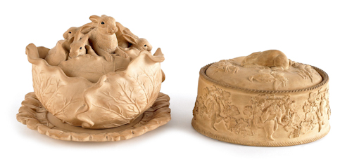 Two caneware covered dishes with