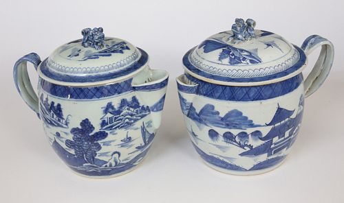 TWO CANTON BARREL CIDER JUGS,