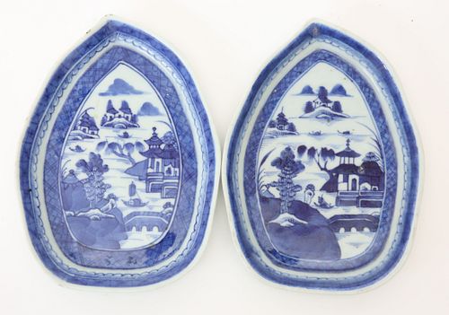 TWO CANTON LEAF FORM TRAYS, 19TH