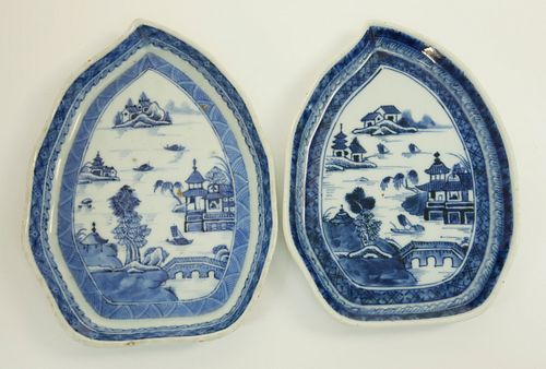TWO CANTON LEAF FORM TRAYS, 19TH