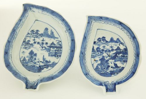 TWO CANTON NESTING LEAF DISHES,