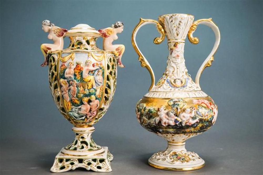 TWO CAPODIMONTE TWO-HANDLE URNS,