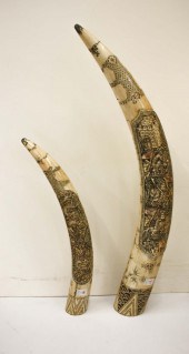 TWO CARVED AND SCRIMSHAW DECOR