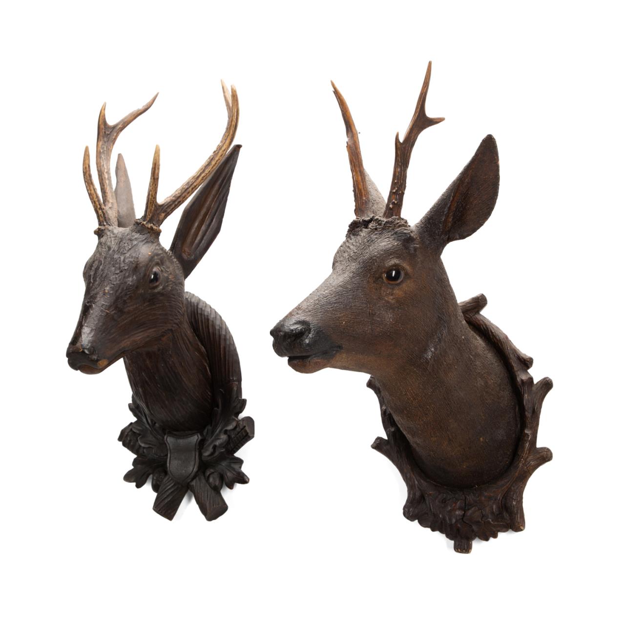 TWO CARVED BLACK FOREST WOODEN DEER