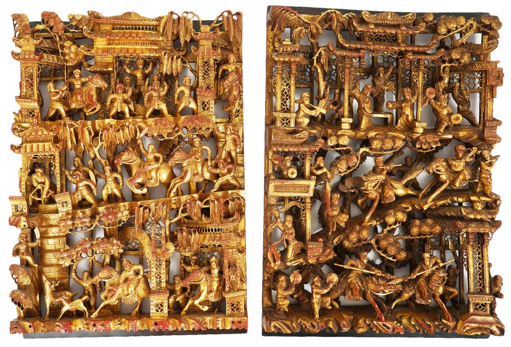TWO CARVED CHINESE TEMPLE WOOD