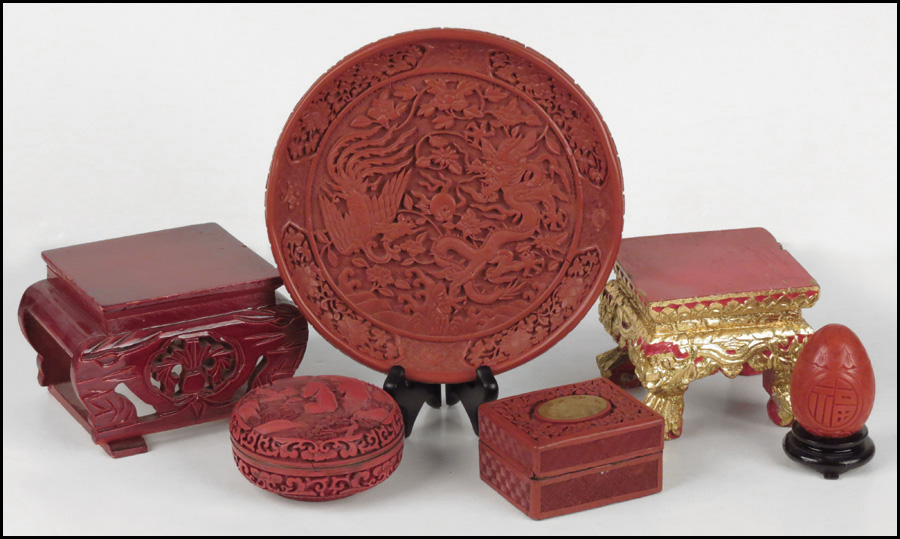 TWO CARVED CINNABAR BOXES. Together