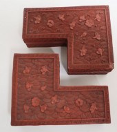TWO CARVED CINNABAR BOXESTwo L