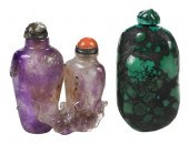 TWO CARVED GEMSTONE SNUFF BOTT