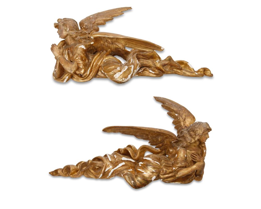 TWO CARVED GILTWOOD ANGELSTwo