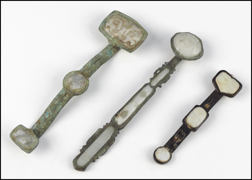 TWO CARVED JADE AND BRONZE