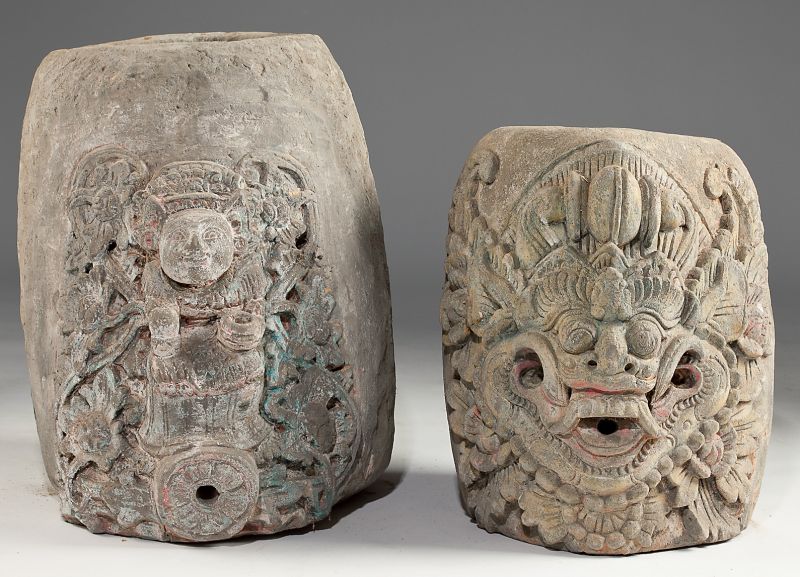Two Carved Lava Stone Urnsthe first