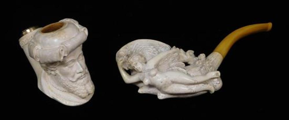 TWO CARVED MEERSCHAUM PIPES: ONE