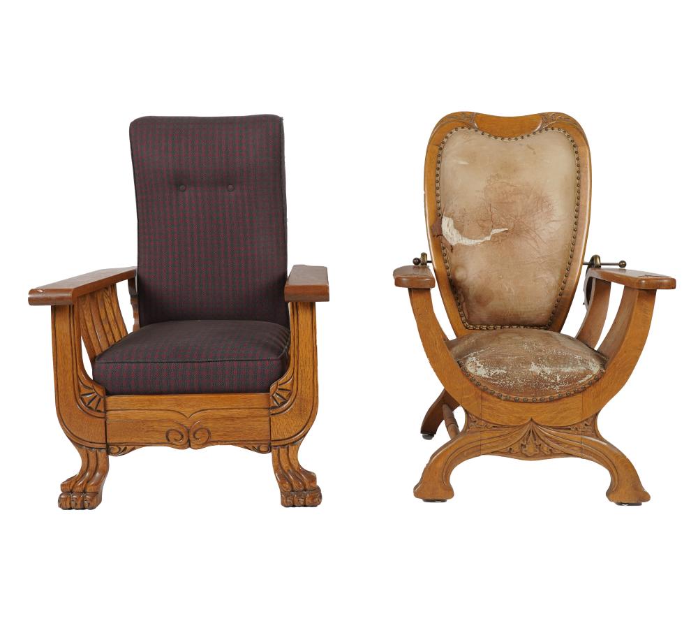 TWO CARVED OAK RECLINING
