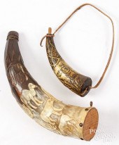 TWO CARVED POWDER HORNSTwo car