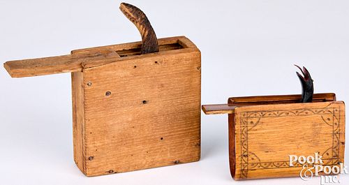 TWO CARVED SNAKE TRICK BOXES,