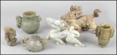 TWO CARVED SOAPSTONE DRAGONS.