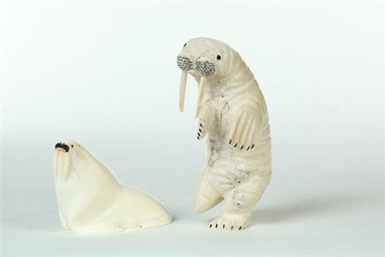 TWO CARVED WALRUSES.  Eskimo  early