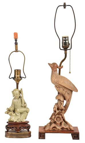 TWO CARVED WOOD AND HARDSTONE