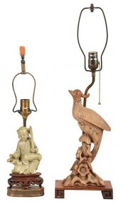 TWO CARVED WOOD AND HARDSTONE