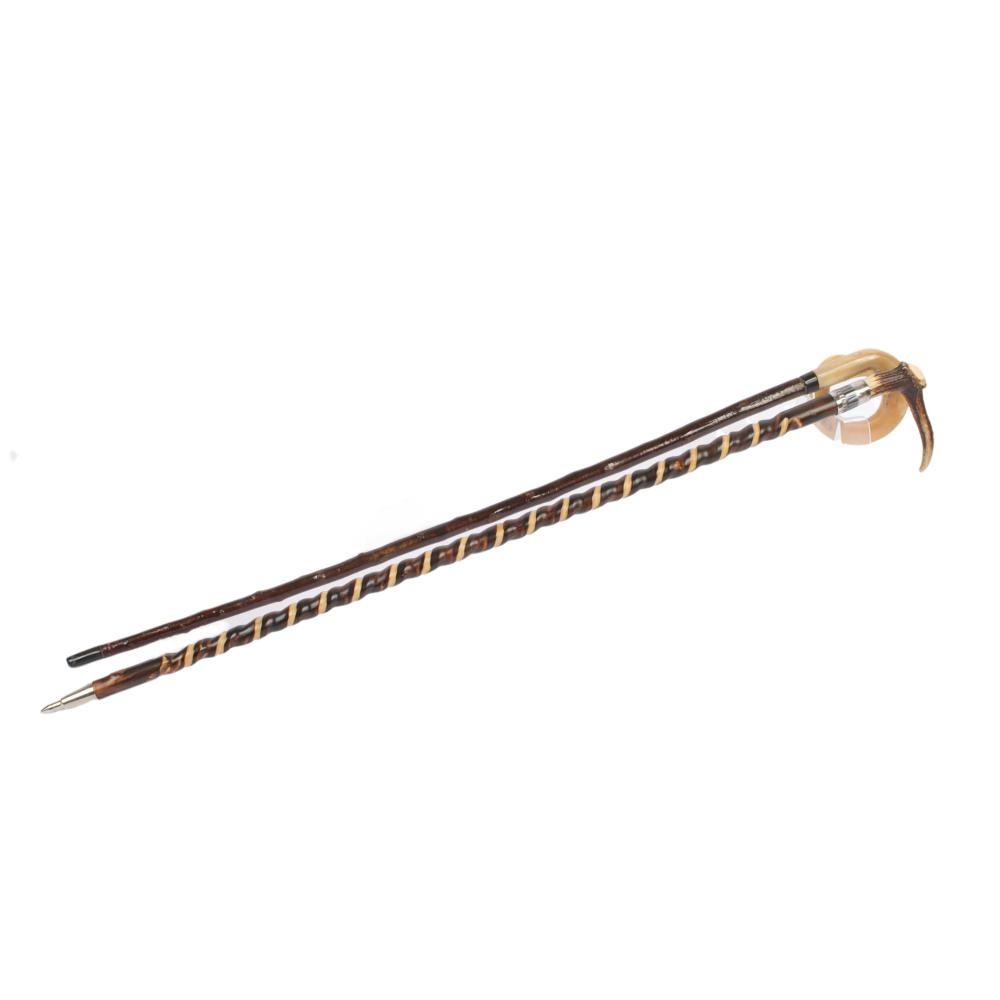 TWO CARVED WOOD CANES WITH ANTLER