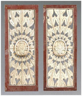 Two carved wood panels, hearts